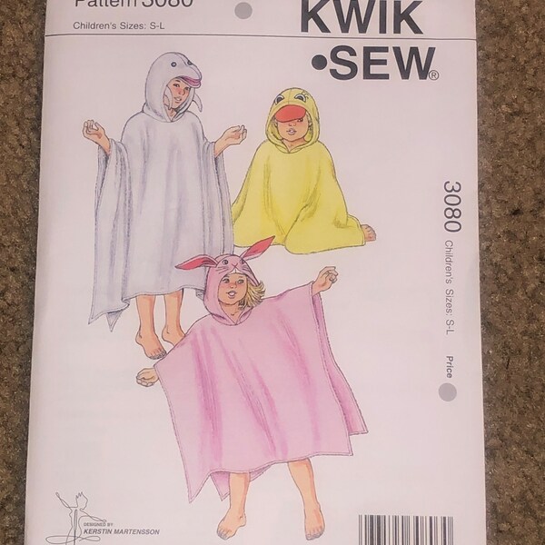 Kwik Sew 3080 Childrens hooded bath towels Duck Bunny Dolphin sz S-M-L Uncut kids easy sewing pattern