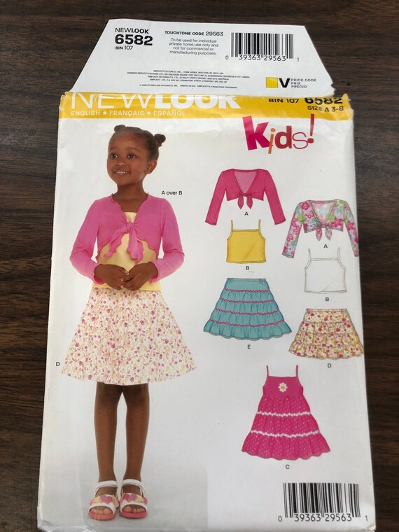 New Look 6582 Girl s Flared Layered Skirt Sleeveless Summer Dress Cami Tank Top Knit Shrug Kids Sz 3 4 5 6 7 8 Uncut Children Sewing Pattern Etsy
