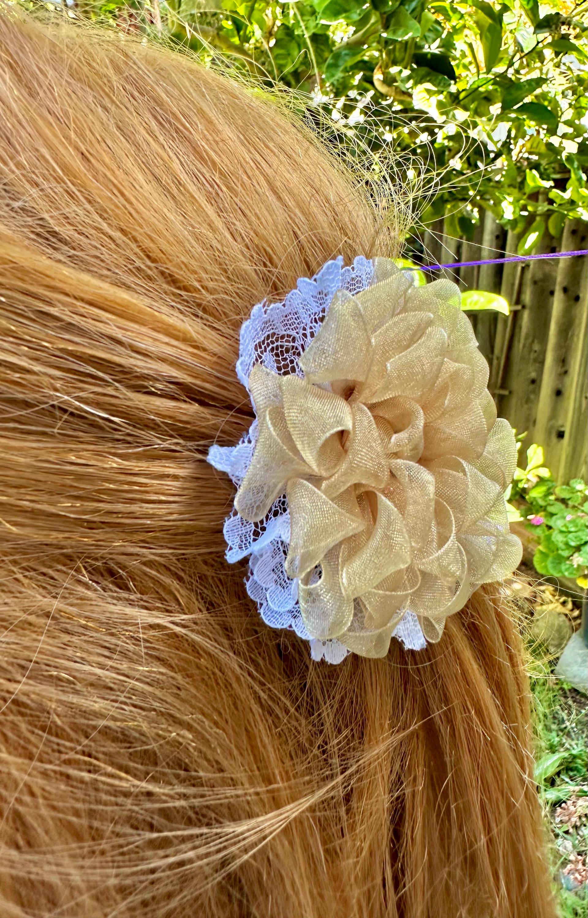 Handmade Kanzashi Fabric Flower Clip, Satin Ribbon Hair Ties, Cute