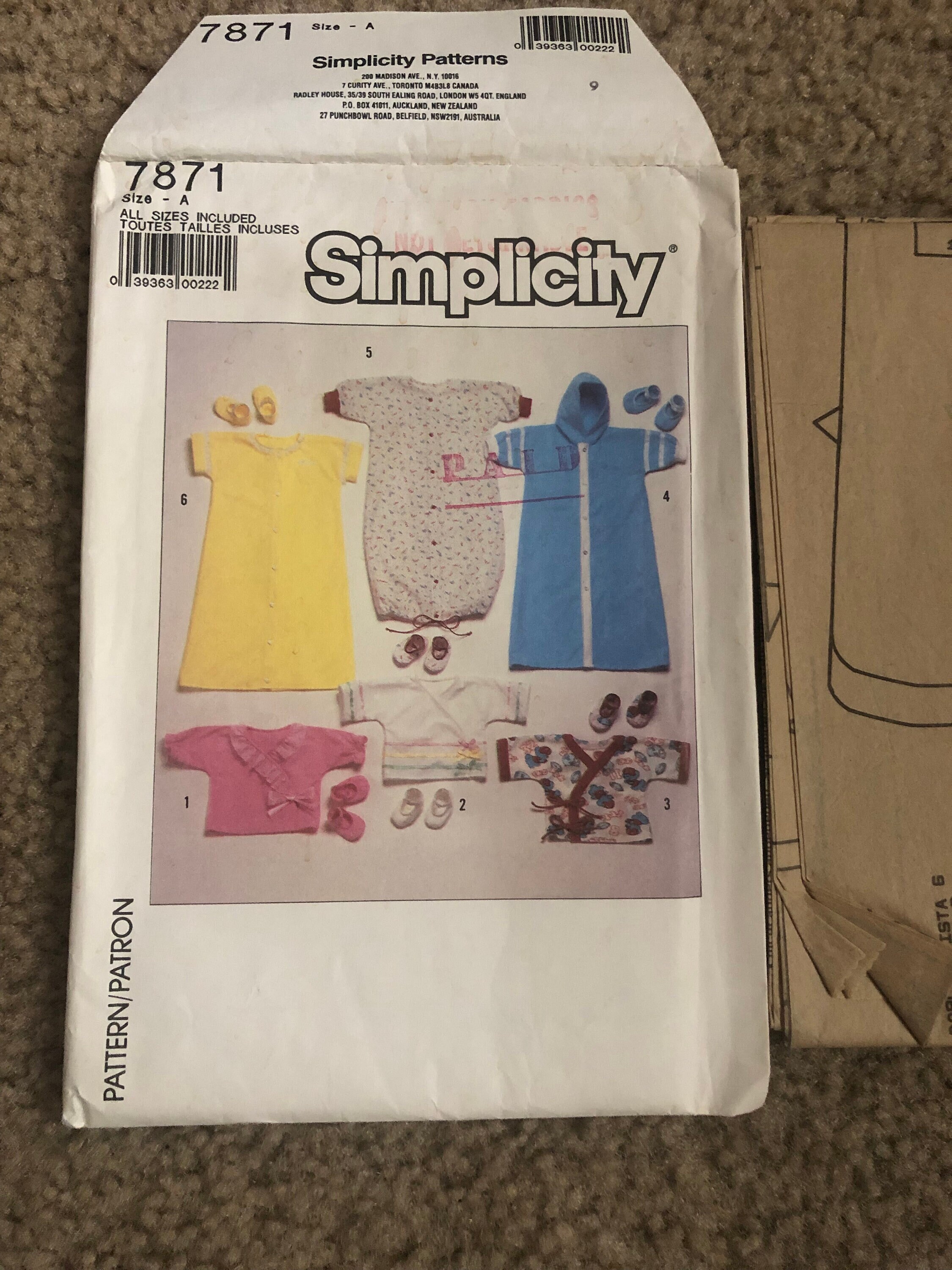 Simplicity 7871 Babies Kimonos and Bootees Baby Sz A 0-3-6 M Uncut