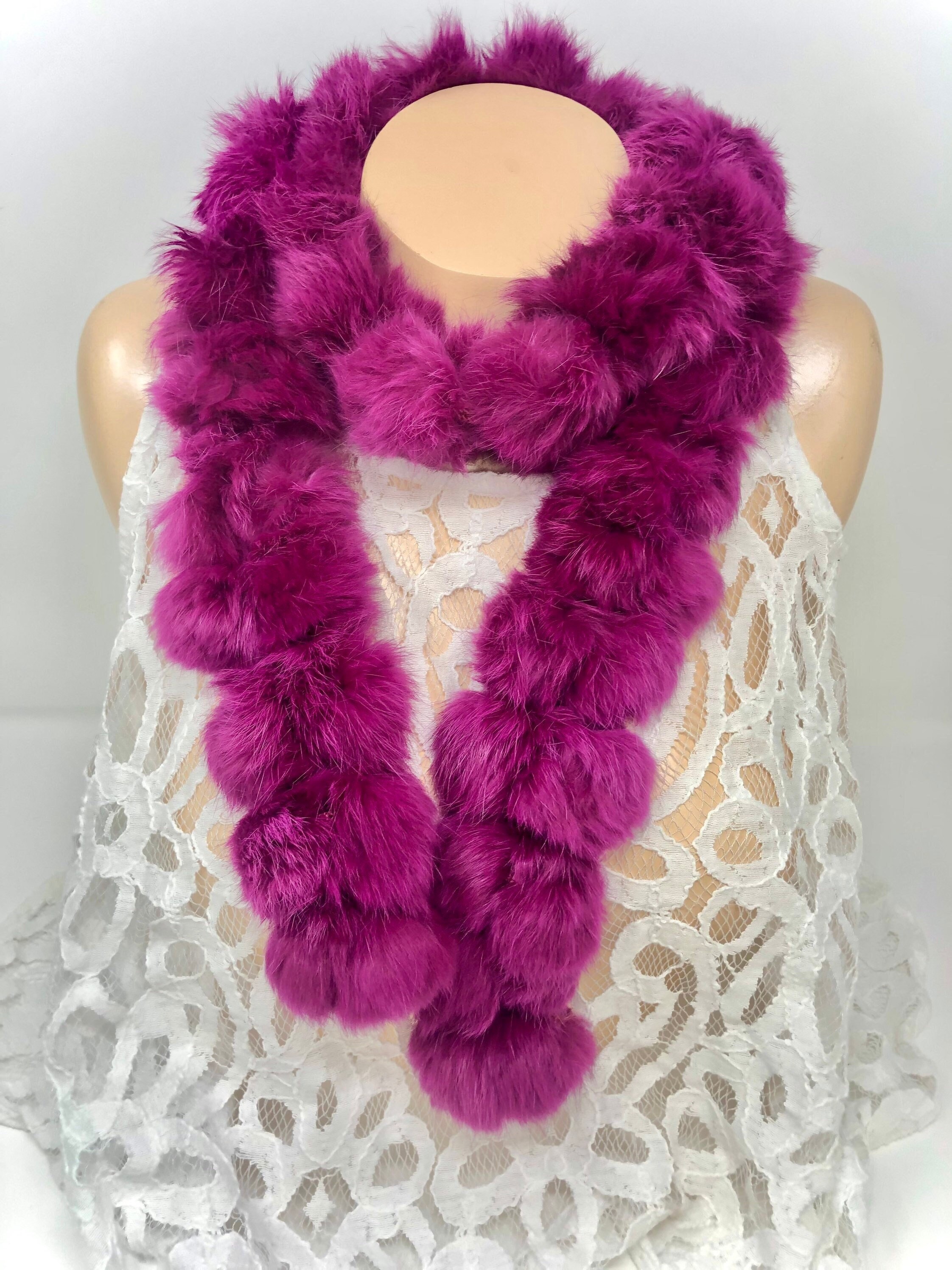 Rabbit Fur Pom Pom Balls Knitted Scarf 54