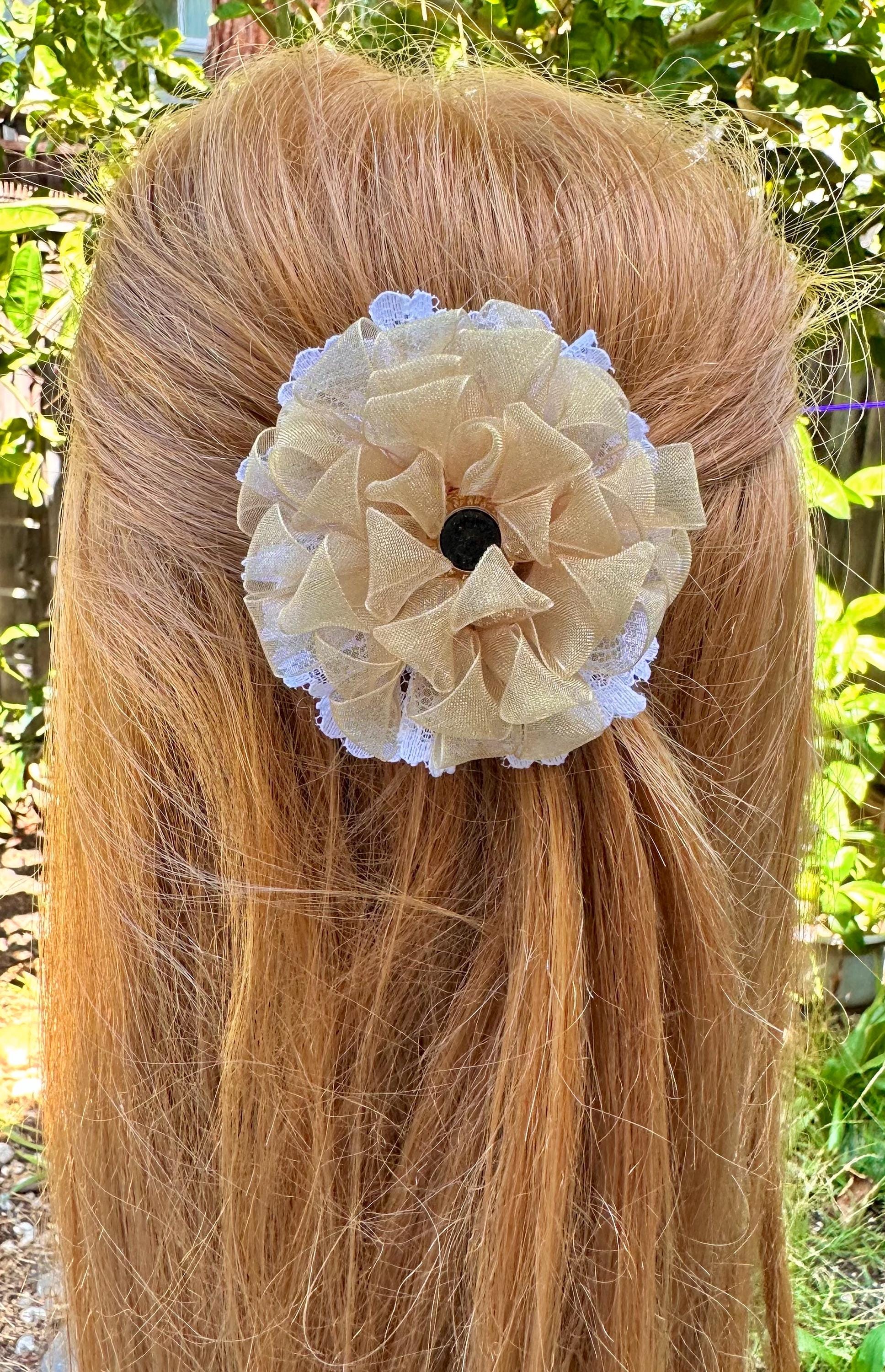 Handmade Kanzashi Fabric Flower Clip, Satin Ribbon Hair Ties, Cute