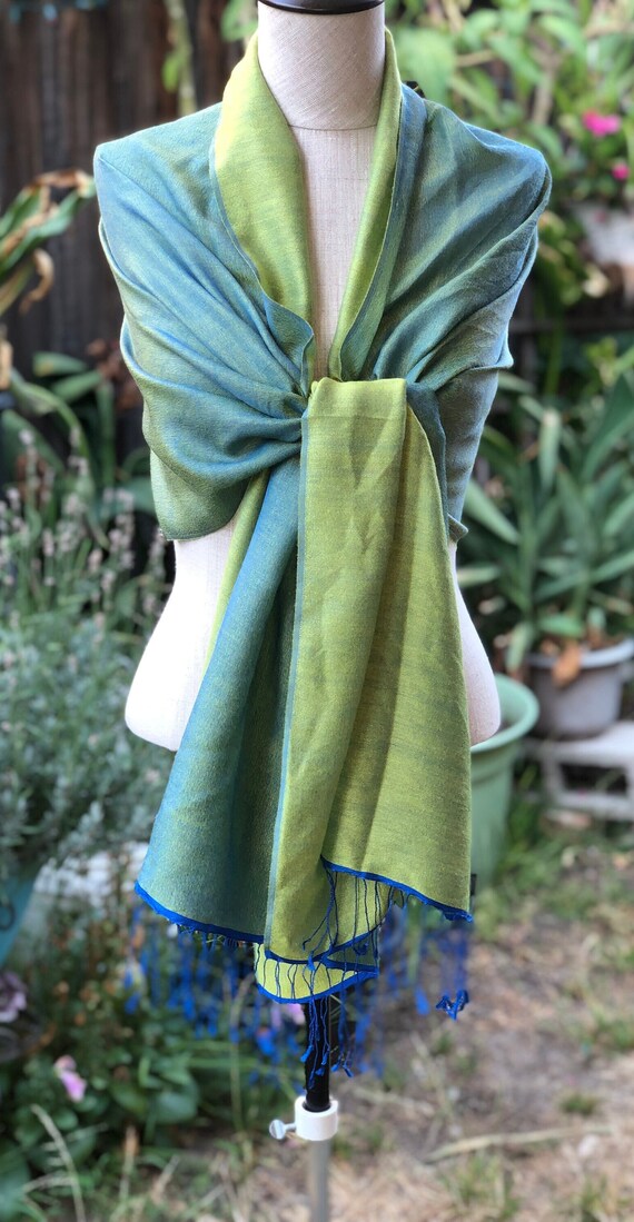 Gorgeous reversable long silk shawl, Green bluish 