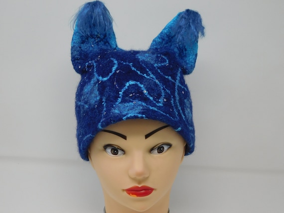 Funny Kids Silk Merino Wool Hat With Ears Funny Blue Hat 