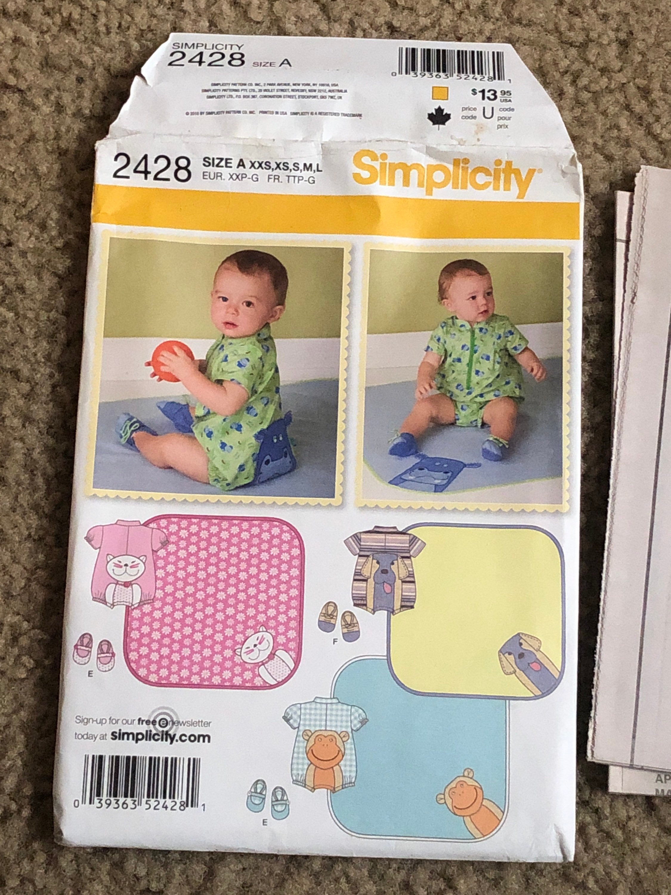 Simplicity 2428 Babies Romper With Appliqués, Booties and Blanket