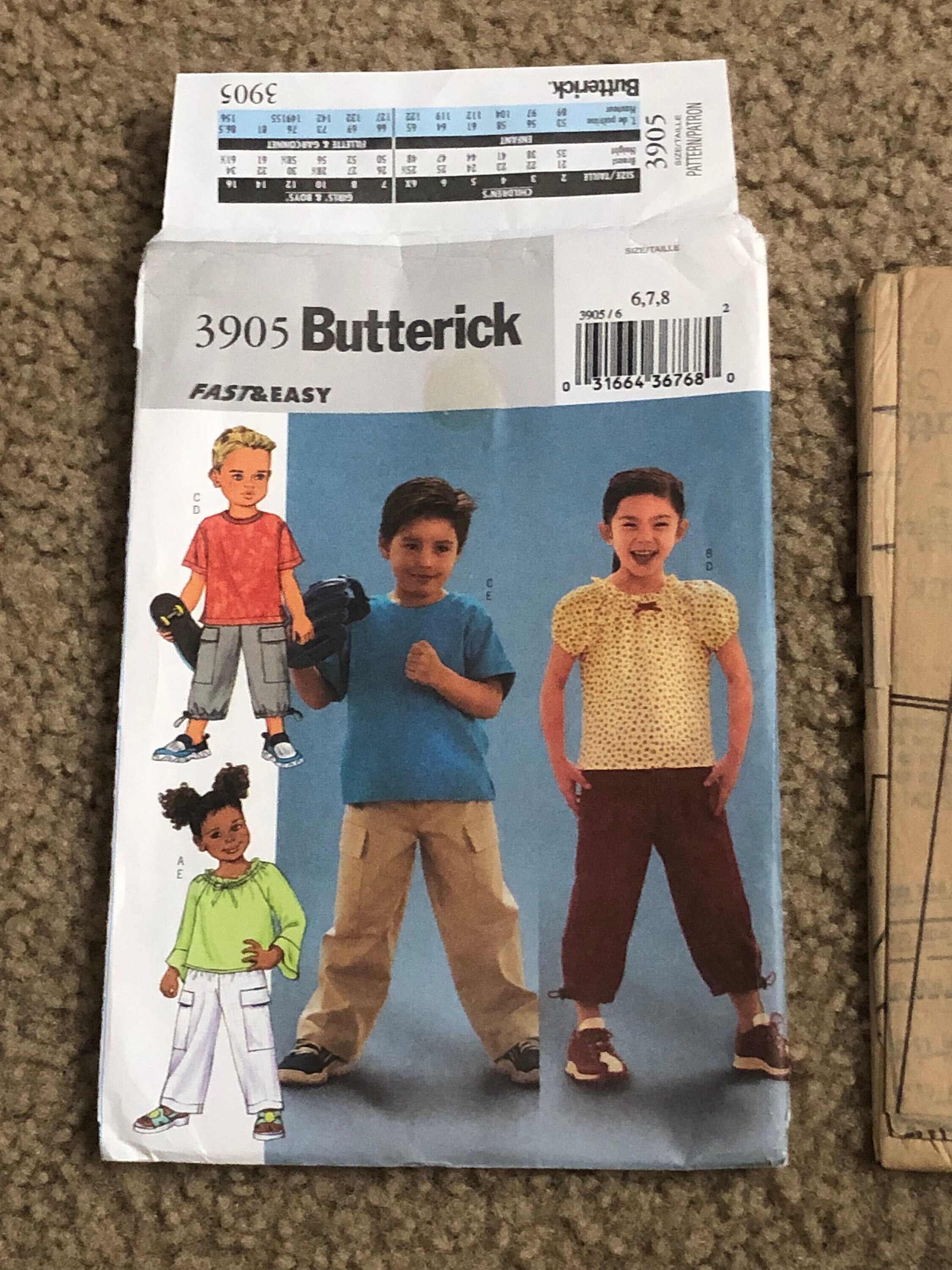 Butterick 3905 Boys Girls Top and Pants Sz 6-7-8 Uncut Childrens
