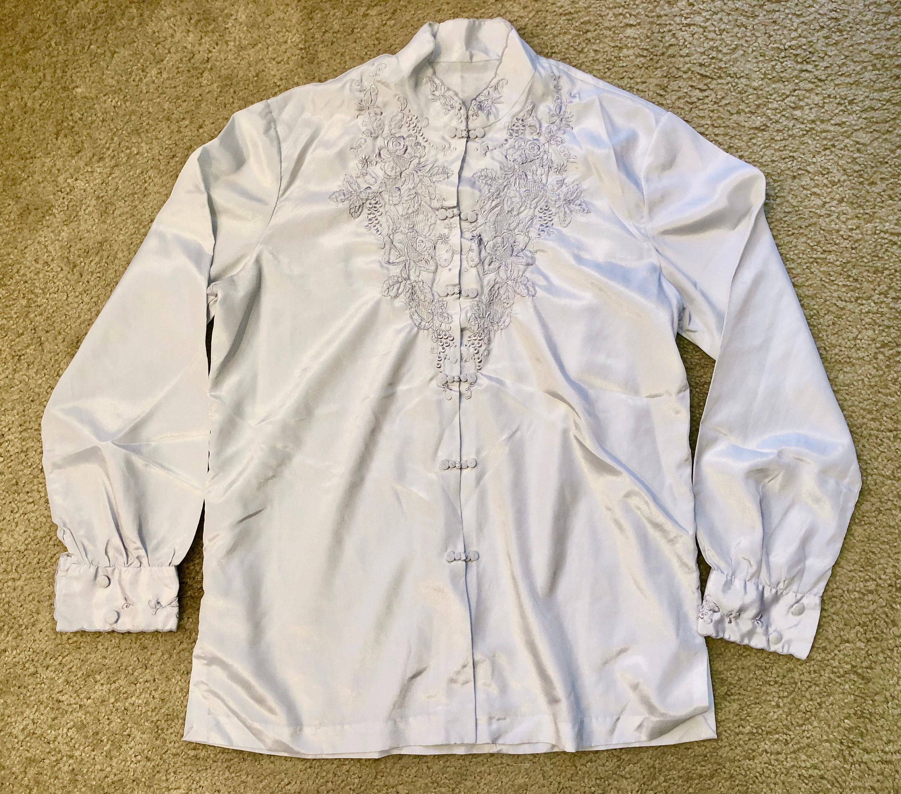 Embroidered Silk Blouse Light Gray Long Sleeve Mandarin