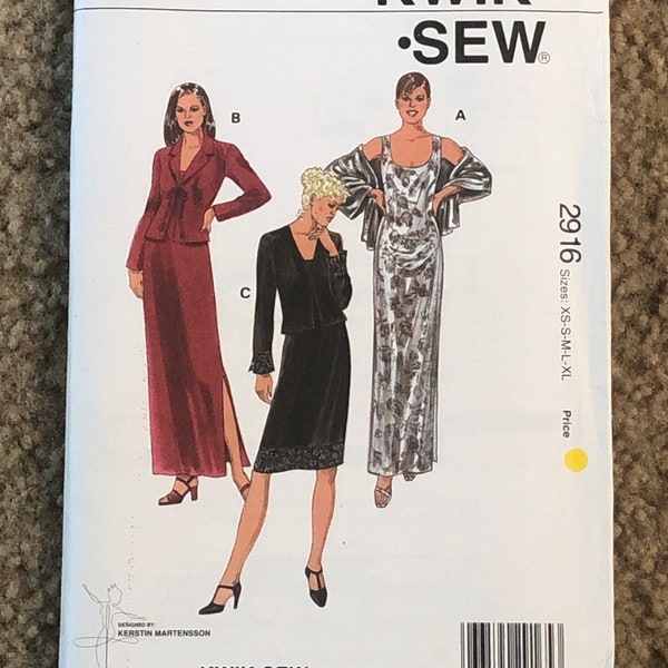 Kwik Sew 2916 Misses sleeveless sheath shift dress w/ jacket or shawl, Women sz XS-S-M-L-XL Uncut sewing pattern