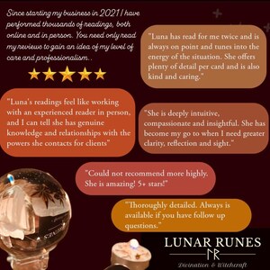 Puede incluir: Imagen con texto y bola de cristal. El texto incluye rese&ntilde;as de Lunar Runes, un negocio que ofrece adivinaci&oacute;n y brujer&iacute;a, con calificaciones de 5 estrellas y comentarios positivos sobre las lecturas.