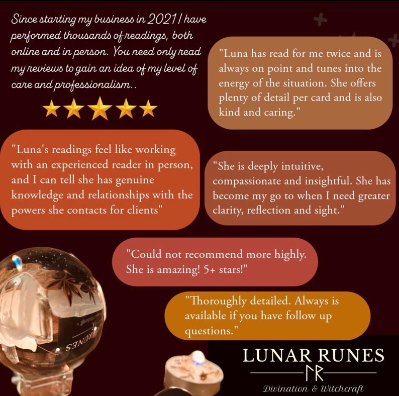 Puede incluir: Imagen con texto y bola de cristal. El texto incluye rese&ntilde;as de Lunar Runes, un negocio que ofrece adivinaci&oacute;n y brujer&iacute;a, con calificaciones de 5 estrellas y comentarios positivos sobre las lecturas.