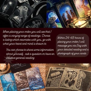 Puede incluir: Un conjunto de cartas de tarot con ilustraciones de un b&uacute;ho, conejos y gatos, junto a una vela encendida. El texto describe el proceso de lectura. Las cartas est&aacute;n dispuestas sobre una superficie oscura, creando un ambiente m&iacute;stico.