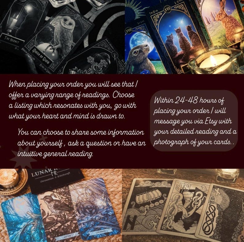 Puede incluir: Un conjunto de cartas de tarot con ilustraciones de un b&uacute;ho, conejos y gatos, junto a una vela encendida. El texto describe el proceso de lectura. Las cartas est&aacute;n dispuestas sobre una superficie oscura, creando un ambiente m&iacute;stico.