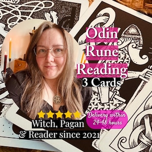 May include: A person with long brown hair and glasses wearing a pentacle necklace, positioned over a background of black and white illustrated cards. Text reads Odin Rune Reading 3 Cards, Witch, Pagan & Reader since 2021, and Delivery within 24-48 hours.