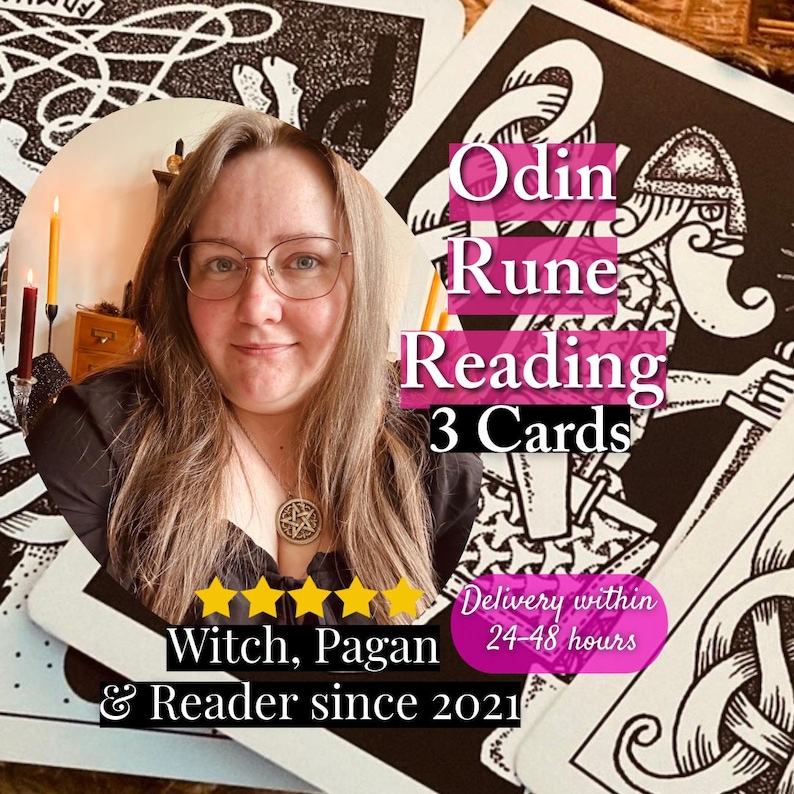 May include: A person with long brown hair and glasses wearing a pentacle necklace, positioned over a background of black and white illustrated cards. Text reads Odin Rune Reading 3 Cards, Witch, Pagan & Reader since 2021, and Delivery within 24-48 hours.