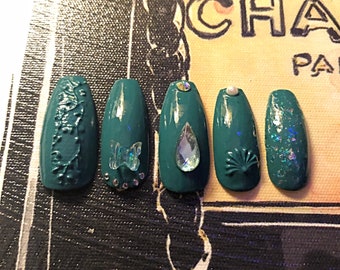 Green with envy….Long XL coffin Press on Teal/Turquoise nails. 10 in set.  Ready to ship. Custom sizes available.