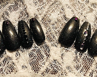 Midnight Sparkle ....Black bling Extra long coffin artificial press on custom xl nails (10 pieces)