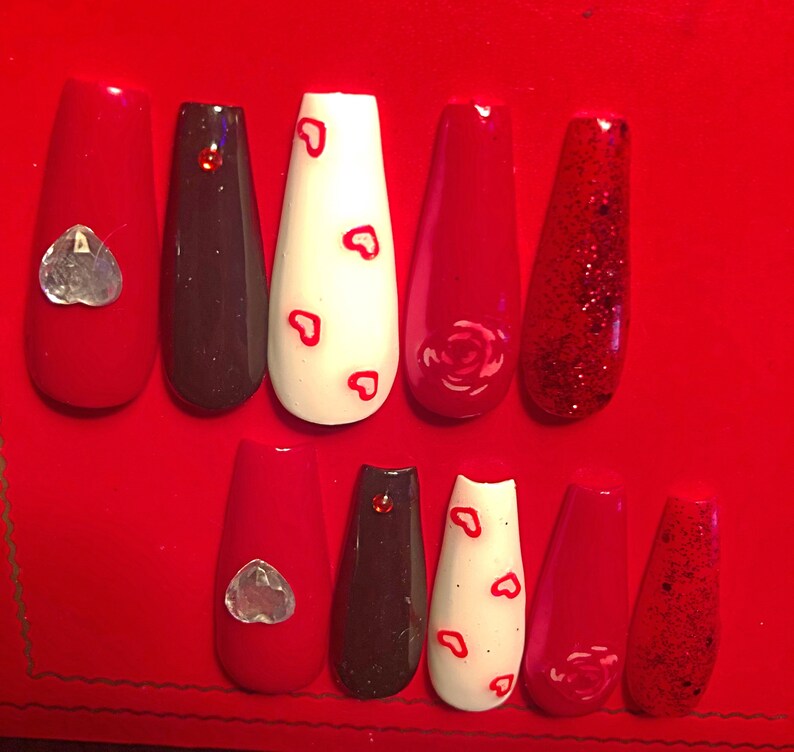 Valentines DayRed/Black/White XL Extra Long Coffin Ballerina Press On Nails. One set. image 4