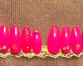 Pretty in Pink…Hot Pink…Valentines XL Long Coffin Press on Nails. This 10 piece set Ready to Ship!