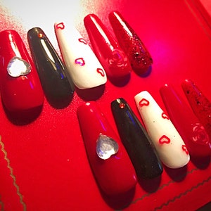 Valentines DayRed/Black/White XL Extra Long Coffin Ballerina Press On Nails. One set. image 5