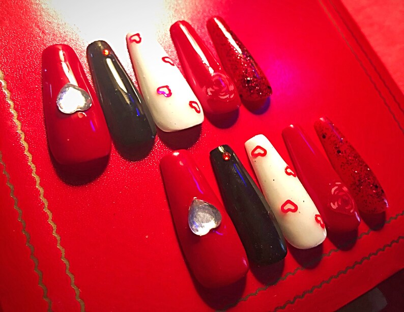 Valentines DayRed/Black/White XL Extra Long Coffin Ballerina Press On Nails. One set. image 5