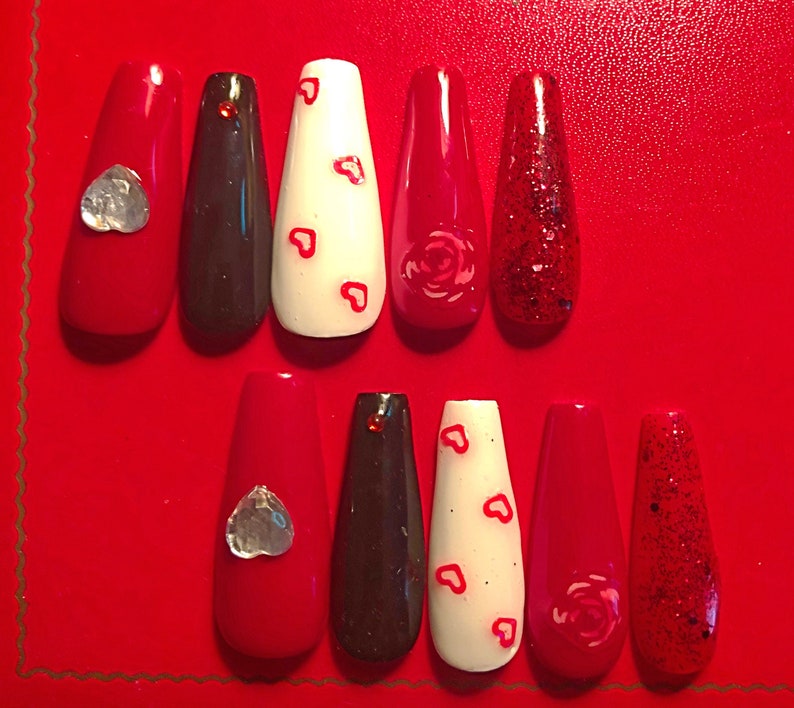 Valentines DayRed/Black/White XL Extra Long Coffin Ballerina Press On Nails. One set. image 2