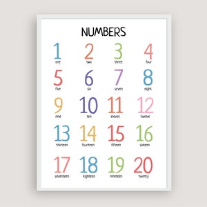 Preschool Numbers 1-20 printable wall art Educational Preschool Classroom / Nursery/ Homeschool