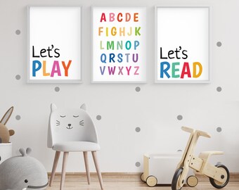 Set of 3 Nursery prints, Lets Play, Lets Read and ABC, Playroom decor, Kids printables wall decor, kids room educational digital download