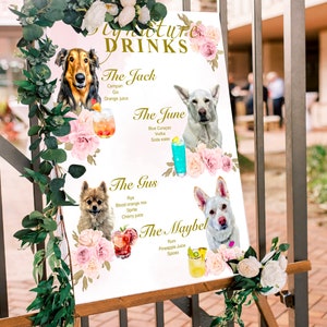 Signe de boisson de cocktail de mariage de chiens, signalisation de mariage d'aquarelle, cocktail d'animal familier, liste imprimable de barre de mariage, liste de boisson de signature, cocktails de chat