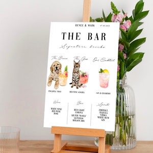 Menu de mariage avec boisson exclusive pour animaux de compagnie. Carte de cocktails. Cocktails pour elle et pour lui. Liste des bars pour chiens/chats. Jeunes mariés. vodka, tequila, bière, vin, seigle, rhum