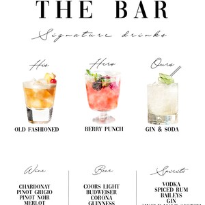 Menu du bar pour mariage ou événement spécial. Fabriqué sur mesure sur commande.