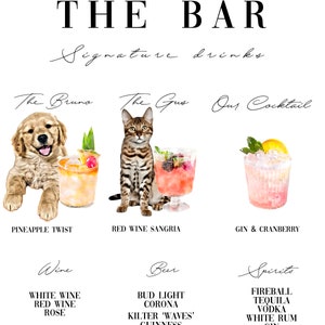 Cocktail exclusif pour animaux de compagnie. Menu du bar du mariage.