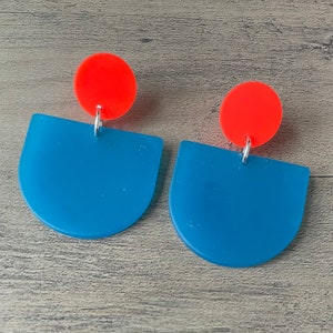 Blue & Orange Colorblock Acrylic Earrings, Sea Glass Effect