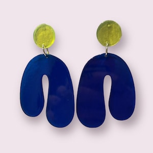 Oversized Neon Yellow and Blue Translucent Acrylic Earrings, Lightweight Colorblock Earrings