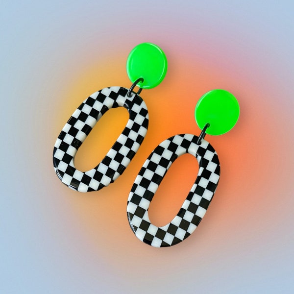 Black and white checkered oval earrings, 80s inspired, neon green studs