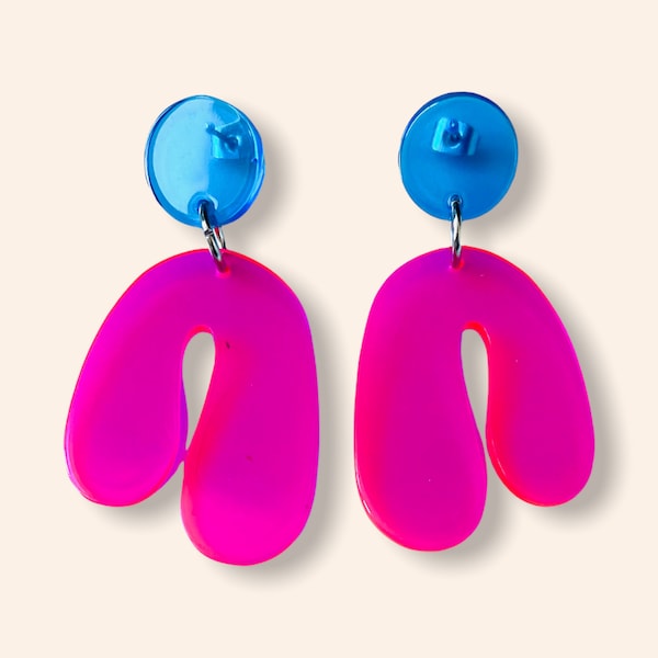 Hot Pink and Blue Translucent Acrylic Earrings, Lightweight Colorblock Earrings