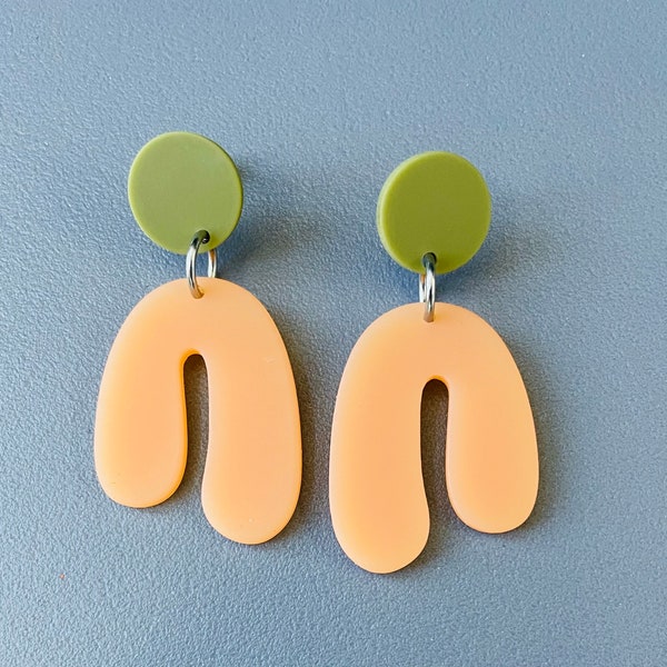 Colorblock Orange and Olive Dangle Earrings, Lightweight, Hypoallergenic Acrylic Earrings