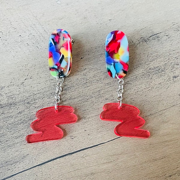 Scribble Charm Earrings, 80s Inspi Earrings, Multicolored Posts, Lightweight, Hypoallergenic Earrings