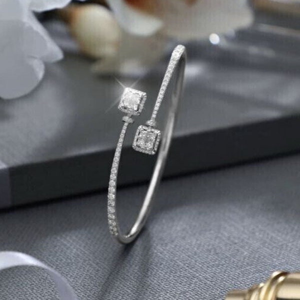Sparkal Bypass Diamond Bangles Bracelet, 14k White Gold Plated, 2.89 Ct Princess Cut Diamond, Women's Jewelry, Anniversary Diamond Gifts