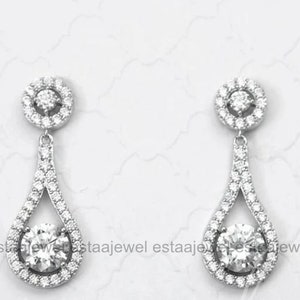 Diamond Drop Dangle Earrings, 2.51 Ct Round Cut Diamond, 925 Sterling Silver, Teardrop Shape Engagement Earrings, Halo Drop Earrings, Gifts