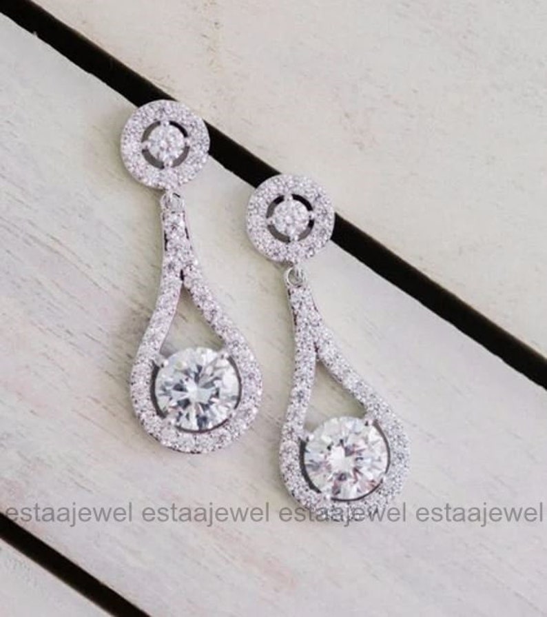 Diamond Drop Dangle Earrings, 2.51 Ct Round Cut Diamond, 925 Sterling Silver, Teardrop Shape Engagement Earrings, Halo Drop Earrings, Gifts