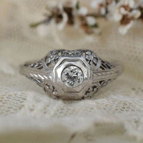 Vintage Edwardian Wedding Engagement Ring 14K White Gold Etsy