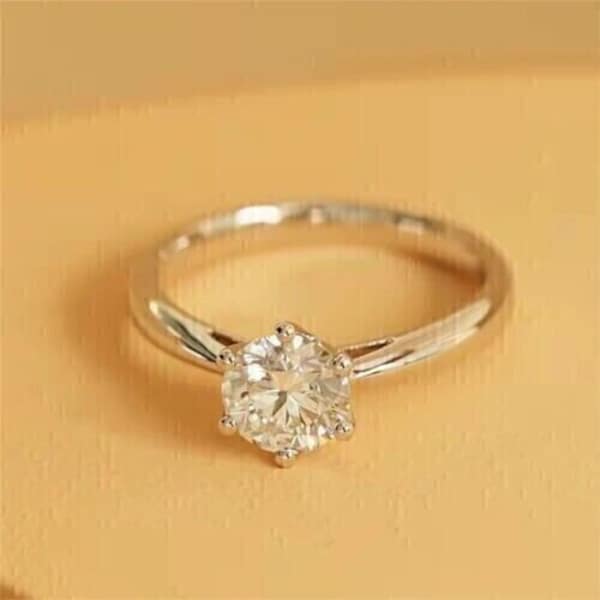Anillo de diamantes solitario delicado simple, diamante de talla redonda de 1,99 qt, oro blanco de 14 k, regalo para ella, anillo de compromiso de boda, joyería personalizada