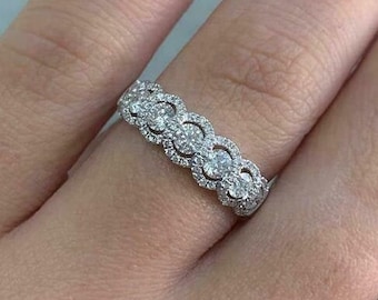 Wedding Band, Half Eternity Band, 14k White Gold, Anniversary Ring For Women, Halo Anniversary Ring For Her, 4.2 Ct Round Diamond, Fine Band