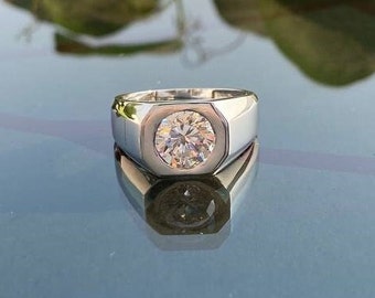 Moissanite Men's Ring, Men's Engagement Ring, Colorless 2Ct Moissanite Ring, 14k White Gold, Rings For Men, Men's Wedding Ring, Mens Jewelry
