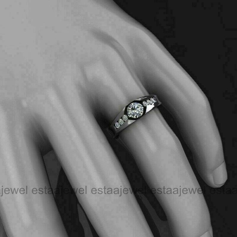Men's Ring, Moissanite Engagement Ring, 2.3 Ct Round Cut Moissanite Ring, 14K White Gold, Channel Set Engagement Ring, Wedding Ring For Him zdjęcie 5
