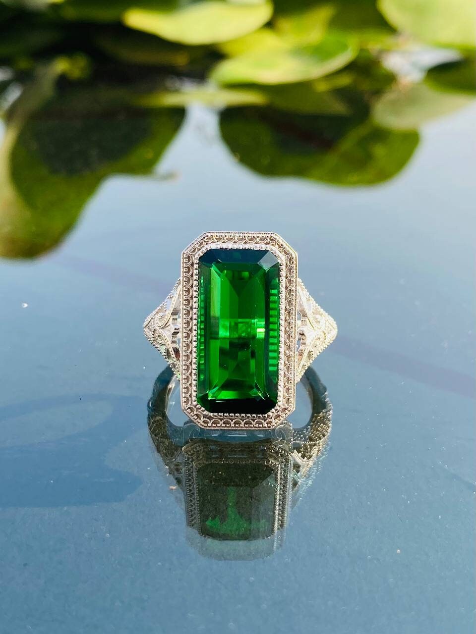 Elongated Green Emerald Ring 5Ct Green Emerald 14K White Etsy