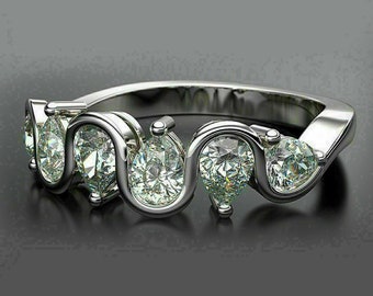Zarte Diamant Welle Ring, 14k Weißgold, halbe Ewigkeit Ehering, 2,5 ct Diamant im Tropfenschliff, Diamant-Verlobungsring, Geburtstagsgeschenk