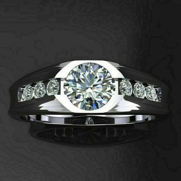 Men's Ring, Moissanite Engagement Ring, 2.3 Ct Round Cut Moissanite Ring, 14K White Gold, Channel Set Engagement Ring, Wedding Ring For Him