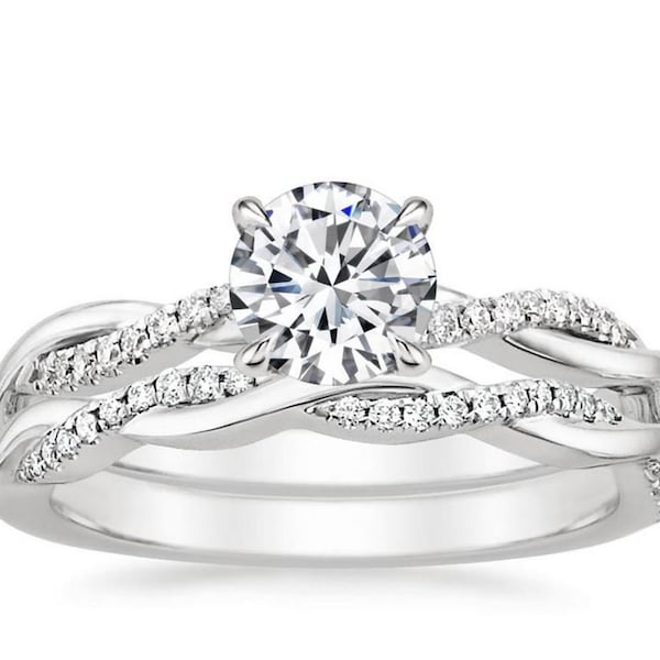 Bridal Ring Set, Wonderful Wedding Ring Set, Engagement Ring & Twisted Band, 14k White Gold, 2 Ct Diamond, Bridal Jewelry, Anniversary Gift
