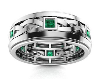 Men's Full Eternity Band, Men's Wedding Ring, Emerald Men's Ring, 14k White Gold, 3.5 Ct Green Emerald, Silver Men's Ring, Men's Jewelry